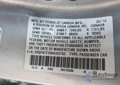 2010 Honda Civic Lx from USA, damaged, VIN 2HGFA1F55AH322163
